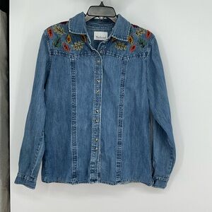 Vintage Westbound Embroidered Denim Shirt Fall Leaf Button-Up Long Sleeve Top L